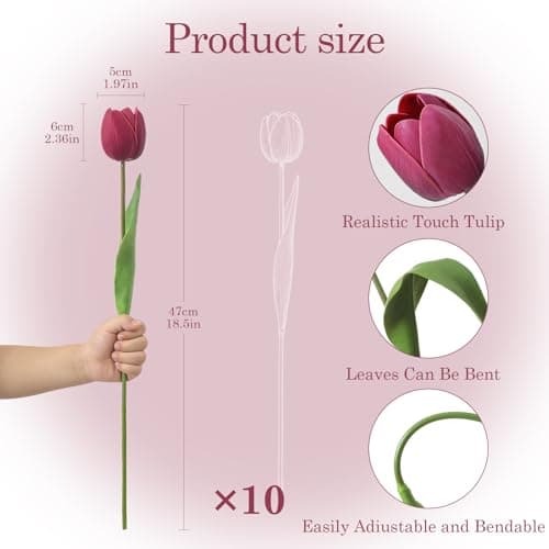 LILUYTO Deep Red Fake Tulips,18.5" PU Artificial Tulips Flowers for Spring Easter Home Kitchen Wedding Bouquet Bulk Mother's Gift Day Decorations - Thumbnail 2