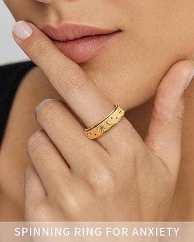 Fidget Toys Adults Anxiety Ring-Fidget Ring Women Men Stress Relief Spinner Fidget Toys Stainless Steel Band with Hollowed Sun Moon Star Sandblasted Surface 6mm Width,18K Gold/Silver Size 6-11 Unisex - Thumbnail 3