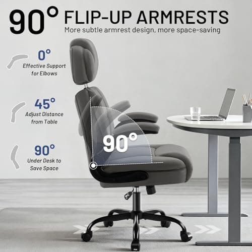 AreShark Ergonomic Office Chair with Lumbar Support, 400lbs Heavy Duty Big and Tall Executive Desk Chair, PU Leather High Back Computer Chair with Flip-Up Arms & Adjustable Headrest, Gray - Thumbnail 5