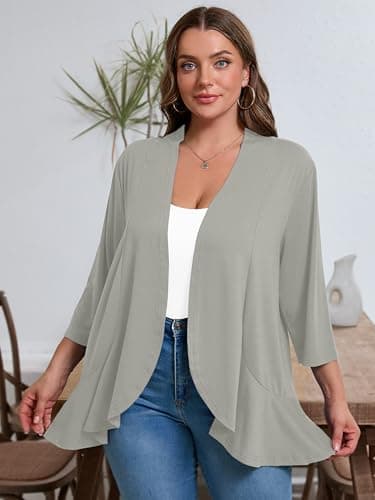 AusLook Women's Plus Size 3/4 Sleeve Lightweight Open Front Cardigan Light Gray 4X Draped Ruffles Causal Cover Ups Shrugs Tops Shawls and Wraps Kimono Jacket Coat - Thumbnail 3