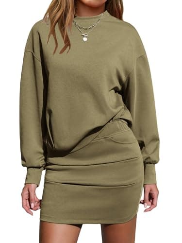 EXLURA Womens 2 Piece Skirt Sets Long Sleeve Mock Neck Sweatshirt Skort Matching Set Casual Airport Travel Spring Outfits
