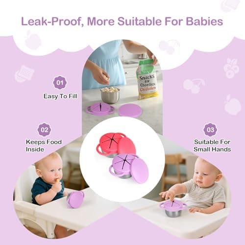 2 Pack Snack Cups for Toddlers Spill Proof - Detachable Stainless Steel Toddler Snack Cups with Silicone Lids & Handles - Dishwasher Safe Baby Snack Containers for Mess-Free Snacking (Red and Purple) - Thumbnail 2