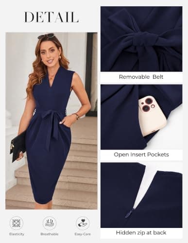 GRACE KARIN Work Dresses for Women V Neck Sleeveless Elegant Dresses Bodycon Dresses Party Dress Casual Midi Dress Navy XXL - Thumbnail 5