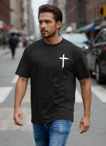 Christian Shirts for Men Faith Cross Print Tshirts Bible Verse Inspirational Graphic Crewneck Short Sleeve Top Black - Thumbnail 2