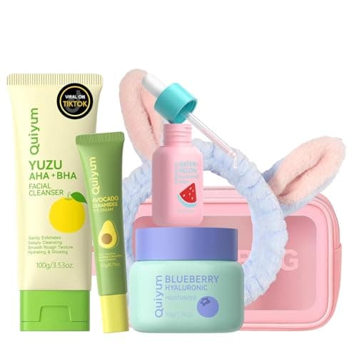QUIYUM Skin Care Set, Fruit Women Birthday Christmas Beauty Gift Sets, Skin Care Kit with Cleanser, Serum, Eye Cream, Face Cream Travel Kit for Women, Gentle, Full Sizes 4pcs, Stocking Stuffers - Image 1