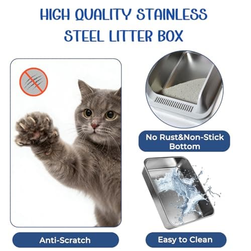 Stainless Steel Cat Litter Box with Lid, High Wall Kitty Litter Box for Small Cats, Metal Kitty Litter Box, Non-Sticky, Anti-Leakage, Easy Cleaning, Include Cat Mat and Scoop, 17.2"x13.2"x7.7" - Thumbnail 6