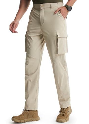 Libin Men's Hiking Pants Lightweight Quick Dry Cargo Pockets Water Resistant Work Travel Pants Elastic Waist Straight Leg Regular Fit Soft Outdoor UPF 50+, Light Khaki, 36W x 32L - Image 1