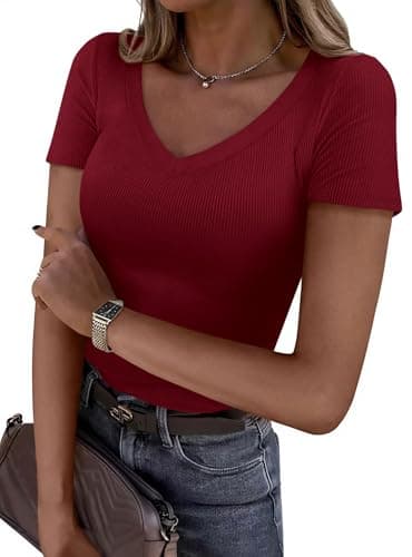 PRETTYGARDEN Women 2026 Spring Tops Trendy Ribbed Short Sleeve V Neck Fitted Basic Tee Shirts Casual Going Out Summer Outfits (Burgundy,Large) - Image 1