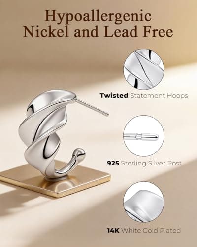 EYESHOCK Small Half Huggie Hoop Earrings for Women, Chunky Style Silver Plated 925 Sterling Silver Post, Hypoallergenic Lightweight Twisted Honeycomb Texture Hoops - Thumbnail 4