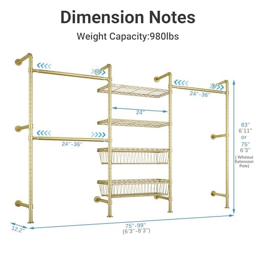 Timate X3 Expandable Heavy Duty Clothes Rack Wall Mounted Clothing Rack for Hanging Clothes, Industrial Pipe Closet System for Walk in Closet Kit, Wall Mount Clothes Rack with Basket, Gold Wall Closet - Thumbnail 5