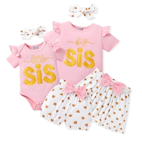 FAMIHAO Big Sister Little Sister Matching Outfits Toddler Girl Clothes Newborn Baby Ruffle Romper Floral Pants/Skirts Headband 3Pcs,5-6Y pink - Image 1