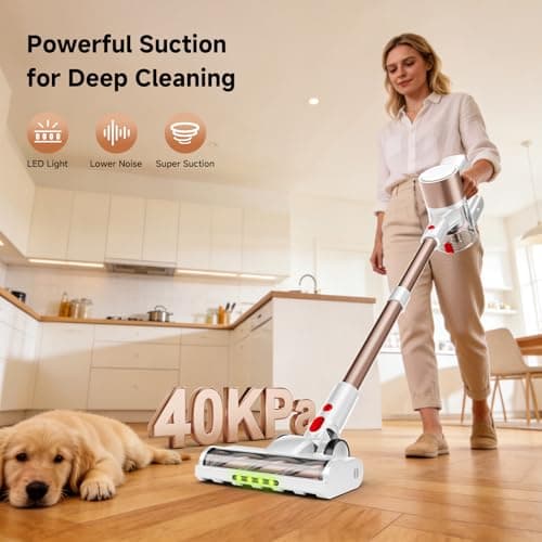 Honki Cordless Vacuum Cleaner, 500W/40Kpa Vacuum Cleaners for Home, Stick Vacuum Cordless with LED Display, Anti-Tangle & Wall Mount, 8 in 1 Lightweight Vacuum for Hard Floors Pet Hair(Gold) - Thumbnail 2
