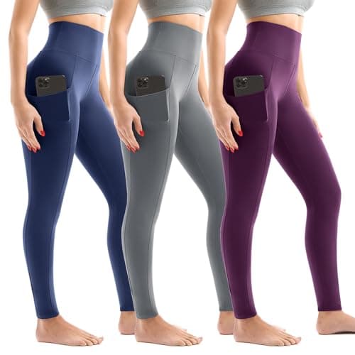 Leggings with Pockets for Women 3 Pack, High Waist Womens Leggings (Navy/Grey/Purple SM) - Image 1