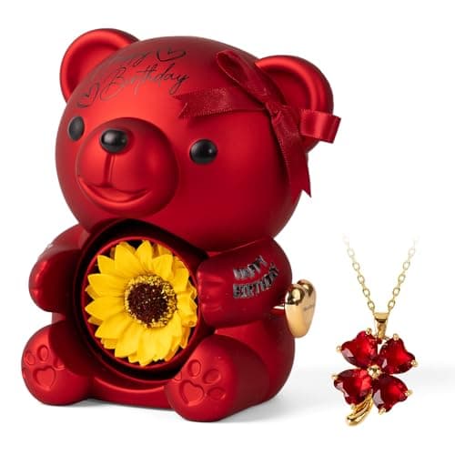 mountova Birthday Gifts for Women, Lucky Sunflower Bear with Four-Leaf Clover Necklace Gift for Girlfriend Wife, Happy Birthday Gift for Daughter Sister Mom Grandma, Surprise Jewelry Box, Red - Image 1