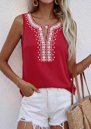 PRETTYGARDEN Womens Tank Tops 2026 Summer Causal V Neck Sleeveless Shirts Floral Print Embroidered Beach Vacation Boho Top(Red,Large) - Thumbnail 3