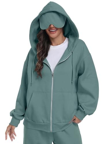 SeSe Code Unisex Zip Up Hoodie With Eye Mask Airplane Mode Travel Hoodies Oversized Sweatshirt Fleece Jacket Grey Green S - Image 1