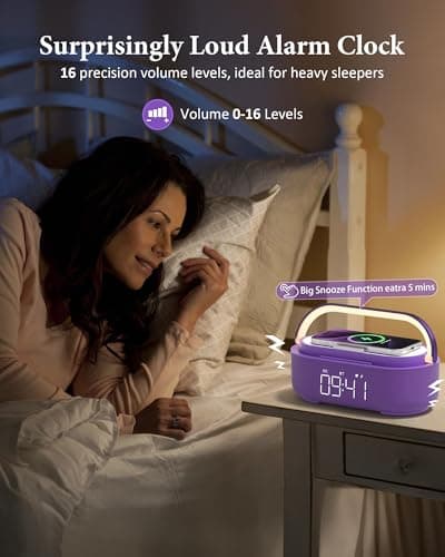 COLSUR Bluetooth Speaker Alarm Clock with Wireless Charger, FM Radio, Adjustable LED Night Light, 6 in 1 Bedroom Portable Speaker 2500mAh, Phone Stand for Bedside, Home, Office, Gift (Purple) - Thumbnail 4