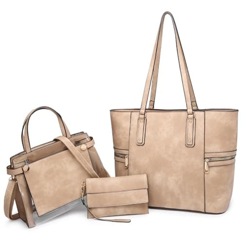 VANSARTO Purses and Handbags for Women Tote Bag Shoulder Bag Top Handle Satchel Purse Set with Wallet Large Work Tote Fashion Handbags 3pcs, Beige/Crystal - Image 1