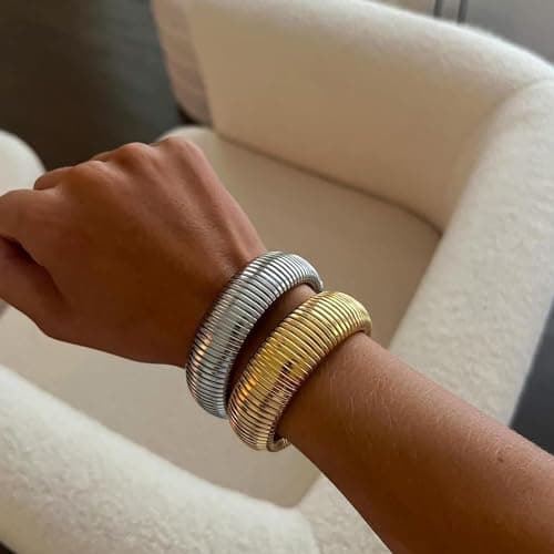 Poaiiu Gold Bracelets for Women 14K Gold Plated Stretch 16mm Snake Chain Bangle Cuff Bracelet Jewelry Gifts for Women - Thumbnail 3