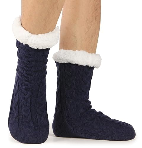 BenSorts Warm Slipper Socks for Men Fuzzy Socks With Grips Grippers Non Slip Sleep House Socks Soft Christmas Gift Stocking Stuffers Blue - Thumbnail 4