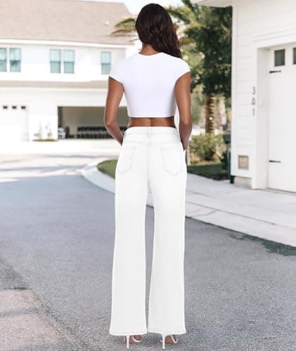 MARIASHA Jeans for Women New Flared Leg Stretch High Wasited Printed Pocket Pants White L - Thumbnail 4