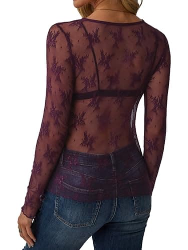 GKBK Womens Mesh Long Sleeve Tops Crew Neck Sexy See Through Tee Dressy Casual Shirts Party Club Night Lace Blouse Western Wear Outfit Clothes Going Out Clothing Burgundy XL - Thumbnail 4