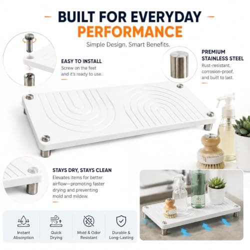 Diatomite Sink Tray - Zen Design Bathroom Counter Tray for Soap, Toothbrush & Skincare, Water Absorbing Stone Tray for Sink Fast Drying and Non-Slip (White) - Thumbnail 3