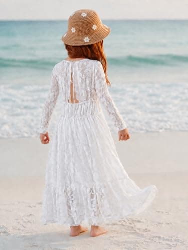 ALLOVIN Toddler & Girls Long Sleeve Lace Flower Girl Dress Maxi Boho A-Line Dress for Wedding Baptism 1st Communion | White | 3-4T - Thumbnail 6