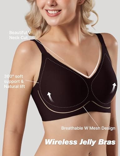 Tarbo Wireless Bras for Women No Underwire - Seamless Jelly Bra Everyday Comfort T-Shirt Bra Breathable Mesh V Neck Bra Light Support Invisible Fit Back Smoothing Adjustable Straps Coffee S - Thumbnail 2