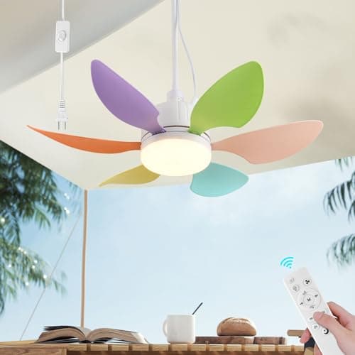 AHAWILL 18.5" Gazebo Fan,Outdoor Plug in Ceiling Fans with Lights,3 Color Dimmable 3 Fan Speeds,Portable Hanging Ceiling Fan for Patios,Tent,Indoor.Colorful Blades - Image 1