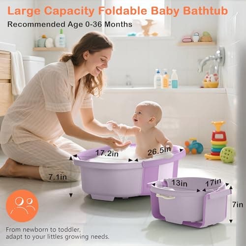 Collapsible Baby Bathtub - Large Baby Bath Tub with Thermometer & Cushion | Travel Portable Newborn Infant Bathtub | Foldable Toddler Bathtub for Baby 0 to 36 Months (Purple) - Thumbnail 2