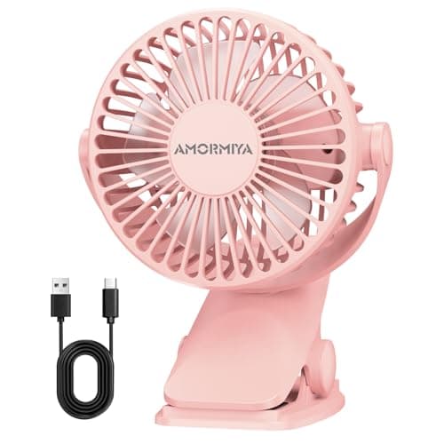 AMORMIYA Portable Clip on Fan, 20H Runtime, 4000mAh Battery Operated Fan, Max 4.5m/s Strong Airflow, Quiet 3 Speed USB Rechargeable Mini Personal Fan for Desk Golf Cart Camping, 360° Rotate, Pink