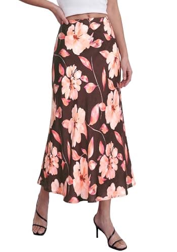 BTFBM Satin Skirts for Women 2025 Fall High Waisted A-Line Leopard Print Cocktail Wedding Long Silk Summer Midi Skirt(Floral Brown Pink, Small) - Image 1