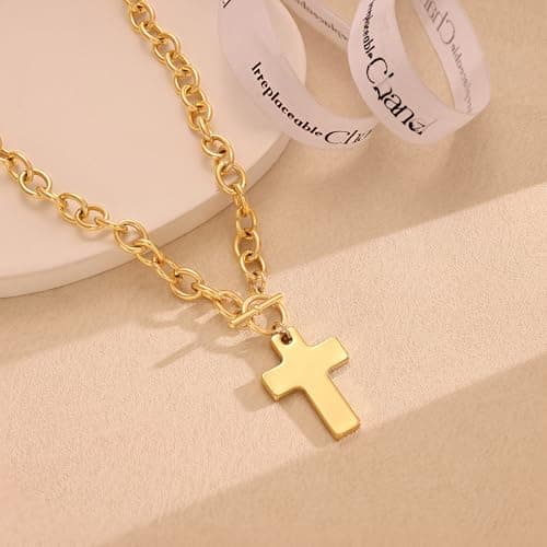 Freekiss Cross Necklaces for Women: 14K Gold/Sterling Silver Plated Trendy Chunky Cross Pendant Necklace for Women,Tarnish Free Toggle Clasp Paperclip Chain Dainty Religious Faith Fashion Jewelry Gifts - Thumbnail 5