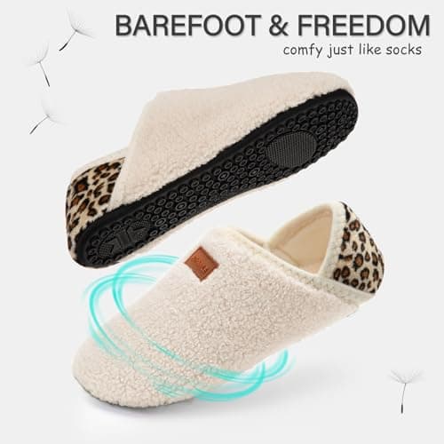ATHMILE House Slippers for Women Men Indoor Barefoot Slippers Socks Furry Slip on House Shoes Cozy Comfy for Home Bedroom Travel Yoga Women 6.5-7.5 Beige Leopard - Thumbnail 4