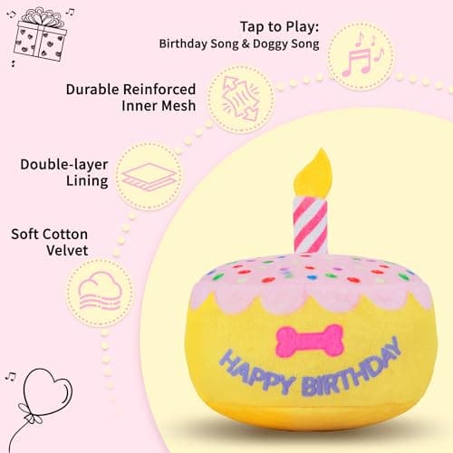 FurtasticFinds Dog Birthday Cake Toy 5.9", Larger Plush Dog Gift with Electronic Music Box, Plays Happy Birthday Song & Puppy Bark Melody, Party Decoration for All Breeds Dogs, Pink - Thumbnail 4