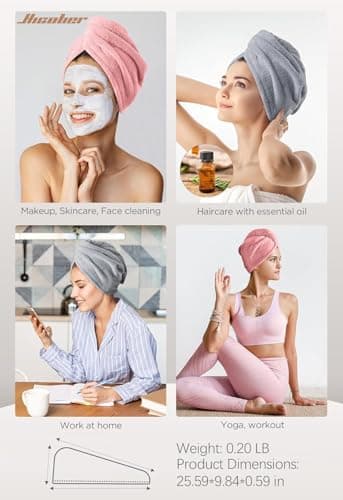 Hicober Microfiber Hair Towel, 2Packs Hair Turbans for Wet Hair, Drying Hair Wrap Towels for Curly Hair Women Anti Frizz(Pink,Grey) - Thumbnail 5