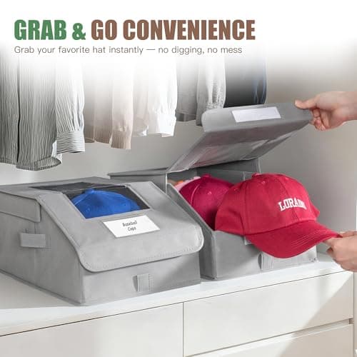 Stowsia Hat Organizer for Baseball Caps, 2 Pack Stackable Hat Storage Boxes with Clear Window, Holds up to 28 Caps, Foldable Hat Organizer for Closet & Shelf, Grey - Thumbnail 4