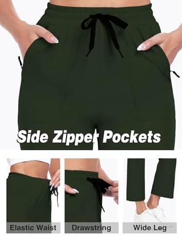 AGVNG Women's Pants Casual Wide Leg Pants Zip Pockets Lightweight Elastic Waist Drawstring High Waisted Comfy Trousers Pants Lounge Work Travel Army Green M - Thumbnail 6