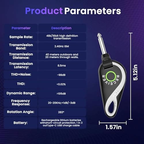 SolWoods Wireless Guitar System 2.4 GHz, Professional Starter Rechargeable Audio Wireless Guitar Transmitter Receiver for Guitar, Bass, Electronic Instruments (H1) - Thumbnail 6