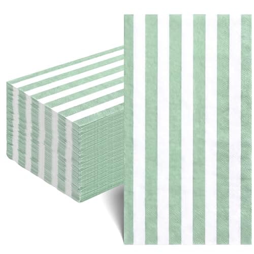 NatNarr 60 Pcs Sage Green Striped Napkins, 2 Ply Disposable Guest Bathroom Hand Towels Sage Green and White Party Decorative Paper Dinner Napkins for Spring Wedding Bridal Baby Shower