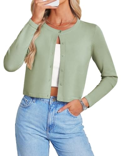 GRACE KARIN Women's Cropped Cardigan Sweaters Trendy Long Sleeve Button Down Open Front Knit Bolero Shrugs(Light Green,L) - Image 1