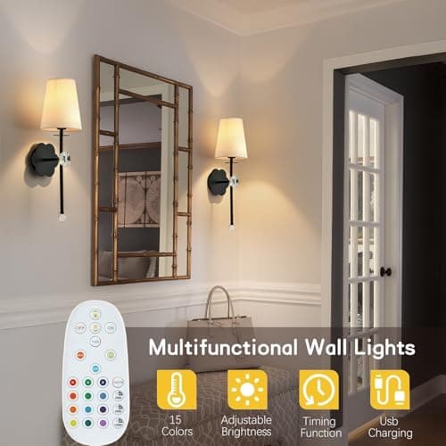 MHSNL Battery Operated Wall Sconces,Crystal Plum Blossom Decor Rechargeable Wall Lights Set of 2 with Detachable and Remote Cordless Wall Sconce Indoor for Bedroom Living Room Hallway Stairs Black - Thumbnail 2