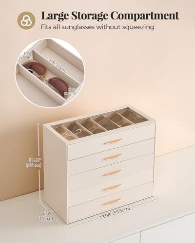 Lolalet 30 Slots Sunglasses Organizer Case for Women, 5-Layer Eyeglass Storage Holder Display Box with Clear Top Lid, Mothers Day Gifts -Cream - Thumbnail 6