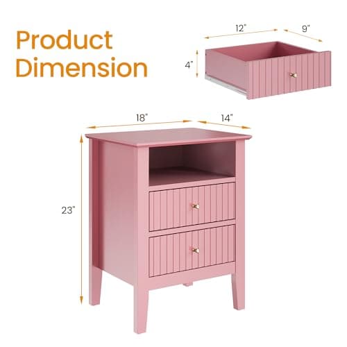 RoyalCraft Pink Fluted Nightstand Set of 2, Colorful Nightstand with 2 Drawers, Modern Wooden End Table with Storage for Small Spaces, Side Table for Bedroom, Couch, Home Office - Thumbnail 2