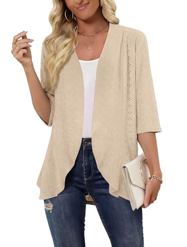 Askyes Lightweight Summer Cardigan for Women Spring Netted Knit Ruffle Half Sleeve Kimono Cover Ups Cardigans,Light Khaki,L - Thumbnail 2