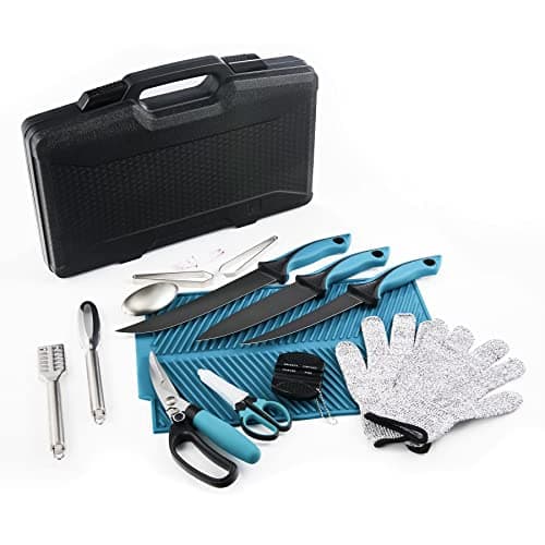 KNINE OUTDOORS Fish Fillet Knife Set Curved Flex 7 inch 9 inch Filet Knife for Filleting and Boning, Non-Slip Handles, Includes Fishing Braid Line Scissors, Fish Dressing Scissors, Filleting Pad - Thumbnail 2