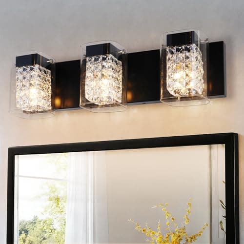 TYhogar Modern Crystal Bathroom Light Fixtures, 3-Light Black Vanity Lights with Clear Shades, Bathroom Lighting Fixtures Over Mirror Wall Light for Living Room, Decoration,Bedroom（Exclude Bulb） - Image 1