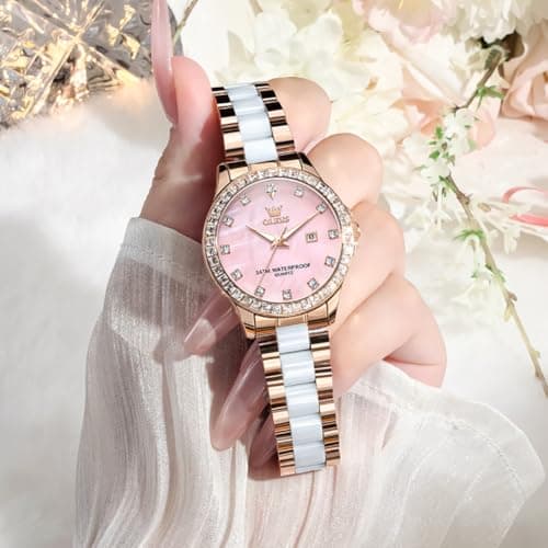OLEVS Women's Rose Gold Watch for Women Water Resistant Watches Quartz Day Date Ceramic Stainless Steel Band Luxury Pink Mother of Pearl Diamond Dial Elegant Ladies Dress Wrist Watch Gift for Her - Thumbnail 3
