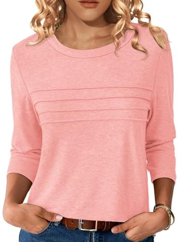 NORACORA 3/4 Sleeve Tops for Women Fall Fashion 2025 Dressy Casual Crewneck Blouses Tshirts Trendy Pleated Tunic Shirts for Leggings Dusty Pink S - Image 1